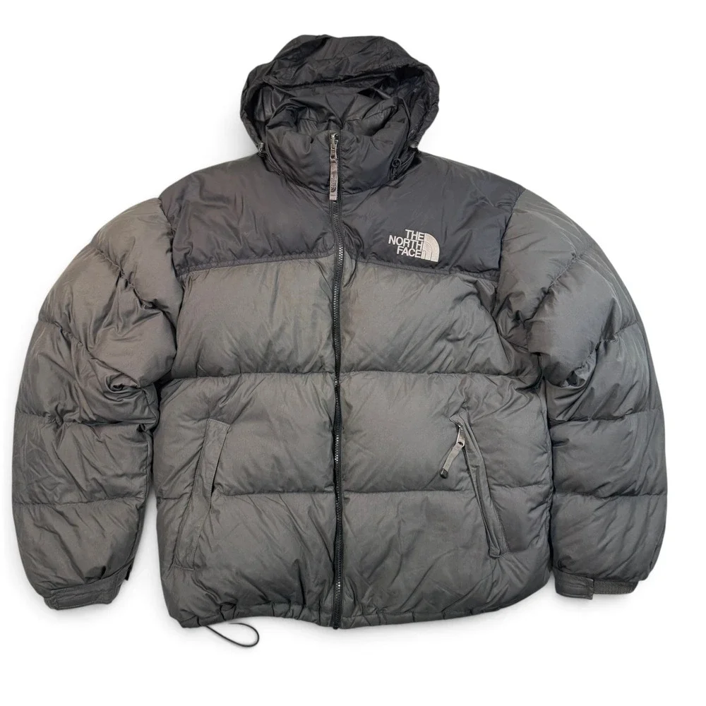 The North Face Nuptse 700 Down Puffer Jacket Mens Large Gray Black Hooded A187